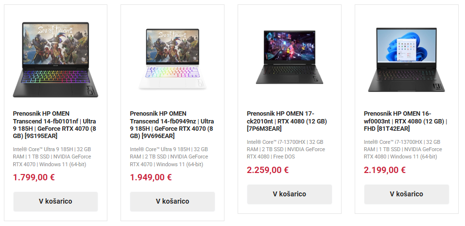 Slika screenshot kategorije gaming prenosniki s štirimi prenosniki na sliki in integriran link